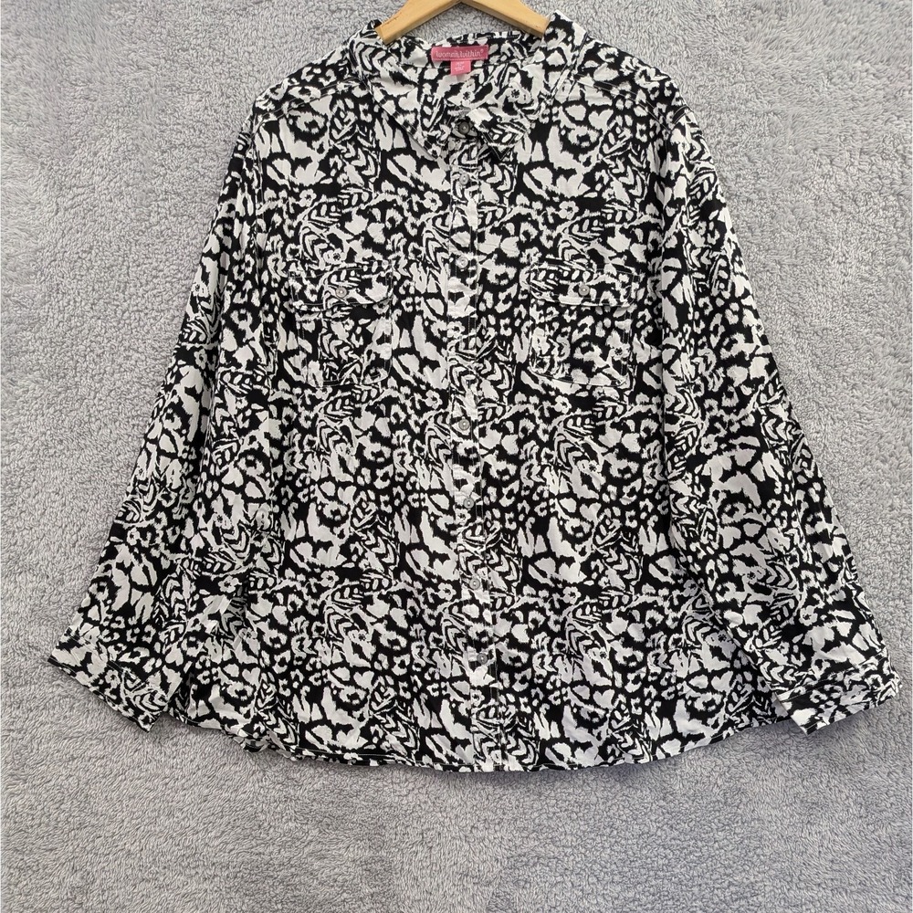 Woman Within Button Up Shirt Women's 2X Black White Long Sleeve Top Classic NWOT